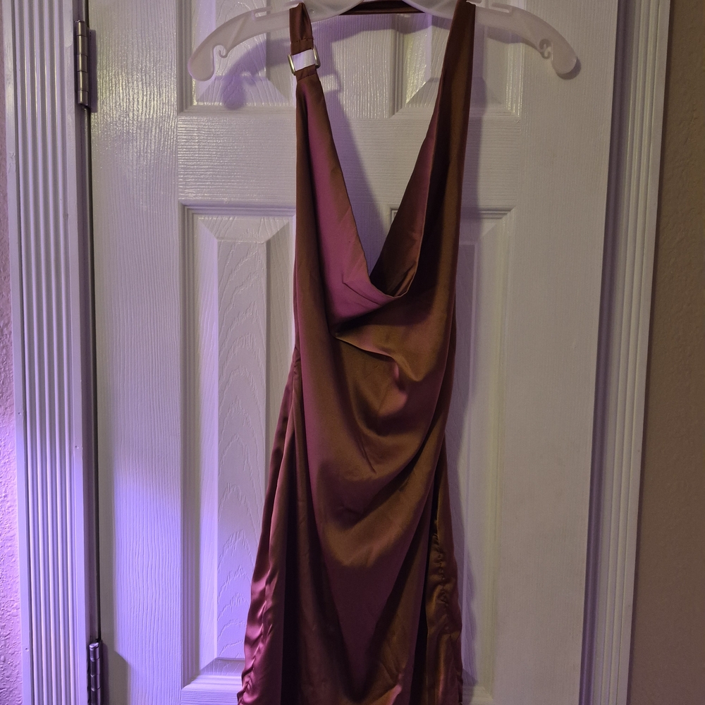 Fashion Nova Backless Satin Dress - Rich Brown